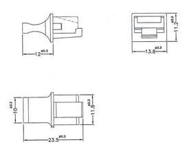 Tekniske tegninger af DeLock RJ45 støvdæksel, der viser dimensioner og form fra forskellige vinkler.