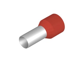3D-rendering af et rødt Weidmüller terminalrør med en sølvfarvet metalforbindelse og en konisk, rød plastikkrave. Isoleret.