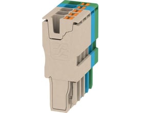 Weidmüller Stik APG 2.5/5-3BG-BL-GN, beige-blå-grøn med PUSH IN teknologi, vist på hvid baggrund.