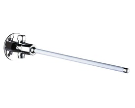 Forkromet knæventil med udvendigt 1/2'' gevind og hvid glasfiber betjeningsarm på hvid baggrund.