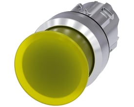 Siemens 22mm rundt, gult paddehattryk med metalramme og 30mm aktuator, vist på hvid baggrund.
