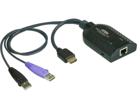 Sort Aten Altusen KA7168 KVM-modul med tilsluttede kabler, HDMI- og USB-stik samt RJ45-port.