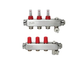 Danfoss SSM manifoldsæt i rustfrit stål med 3+3 udgange, viser flowmetre og udluftnings-/aftapningsfunktion på begge enheder.