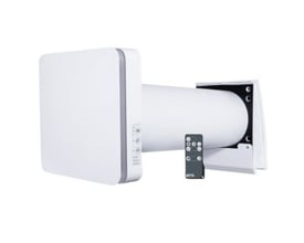 Duka One S6B, et-rums varmegenvindingsanlæg i hvid med fjernbetjening og 160 mm rør, designet til vægmontering.