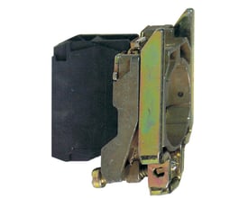 Schneider Electric ZB4BZ101 kontaktelement sidevisning med sort bagdel og Zamak ramme, viser tydelig skrue og fastgørelsesmekanisme.