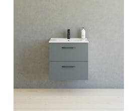 Dansani Slim badeværelsesmøbel i grå med sort bøjlegreb, 200 mm langt, på betonvæg.