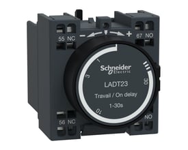 Schneider Electric tidsblok LAD T23 med 1NO-1NC kontakter og justerbar indkoblingstid fra 1-30 sekunder.