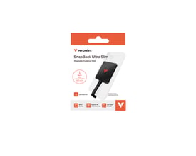 Emballagen til Verbatim SnapBack Ultra Slim ekstern SSD viser den sorte 1 TB-model monteret på en telefon.