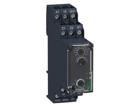 Schneider Electric Zelio RE22 multifunktionel timer med 2 CO kontakter og 24-240V AC/DC forsyning, vist med tydelig frontskala og knapper.