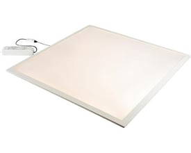Hide-a-lite Sky LED-panel 30W med mikroprismatisk afskærmning og hvid ramme, vist med tilhørende driver og kabel.