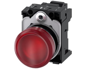 Siemens signallampe 22 mm rund med rød, glat linse og metalramme på sort baggrund.