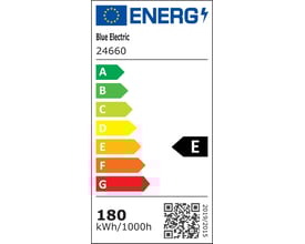 Energimærke for BE Flex-Line XL LED-strip, model 24660, viser energiklasse E og et forbrug på 180 kWh/1000h.