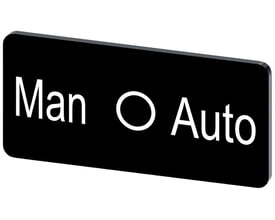 Siemens mærkeplade med sort baggrund og hvid tekst 'Man O Auto', størrelse 12,5x27mm.