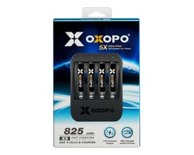 Emballagen til OXOPO sorte Li-ion AAA-batterier på 550 mAh viser fire batterier og en oplader.