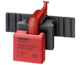 Siemens signaldetektor 3NX1 024 til LV HRC sikringssystem, med rød top og sort base monteret på DIN-skinne.