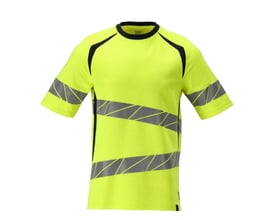 Bagfra af Mascot Hi-Vis T-shirt i gul og mørk marine, XL, fremviser certificeringer og detaljer på ryggen.