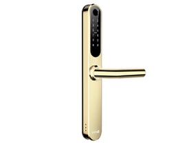 Zafe T-Lock UNIVERSAL smartlås i messing med sort numerisk tastatur og vandret dørgreb, til app-styring.