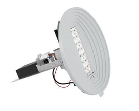 Louis Poulsen LP Icon Retro-Fit LED-DPC upgrade kit i hvidt med synlige LED-dioder og tilslutningsledninger mod hvid baggrund.