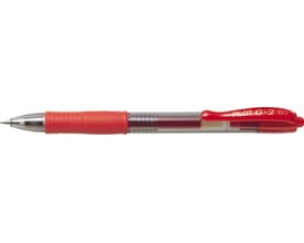 Rød Pilot G-2 gelpen med 0,5mm ekstra fin spids, gummigreb og tydelig synlig blækstand.