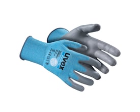 Uvex skærehæmmende handske Phynomic C5 i str. 12, vist med blå tekstilbagside og grå gummi-skumbelægning.