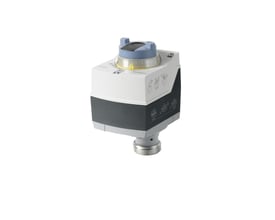 Siemens SAS31.03 ventil aktuator med 400N kraft og 230V spænding, hvid og grå i farven, vist på hvid baggrund.