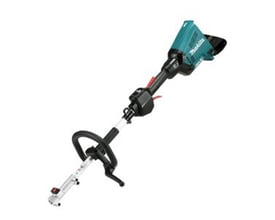 Makita 2x18V DUX60Z motorenhed vist med delbart system og håndtag, isoleret på hvid baggrund.