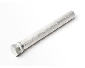 Nærbillede af Bosch Tronic offeranode, viser aluminiumscylinderen med gevind og hvid isolering.