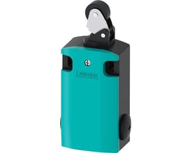 Siemens positionsafbryder 3SE5162 i XL metalkabinet, 56 mm bred, med justerbar rullearm og plastrulle på en hvid baggrund.
