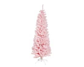 Nordic Winter kunstigt juletræ i pink, 180 cm højt, isoleret på en hvid baggrund med en hvid juletræsfod.