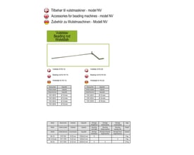 Oversigt over vulststave fra HM Machinery til model NV, med illustration og tekniske specifikationer for forskellige modeller.