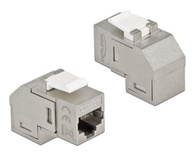 Sølvfarvet DeLock Keystone-modul med skærmede RJ45-hunstik, Cat.6A og 90° vinkel, vist fra to sider.