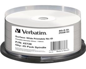 Verbatim BD-R-medier på spindel med hvid, printbar overflade; etiketten viser 25 GB kapacitet og 6x skrivehastighed.