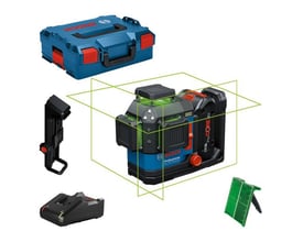 Bosch GLL 18V-120-33 CG Professional akku linjelaser med tilbehør: L-BOXX, loftclips, lasermåltavle og batterilader, vist med grønne laserlinjer.