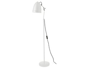 Superliving Dynamo gulvlampe i mat hvid metal med justerbar skærm og sort ledning med afbryder, isoleret på hvid baggrund.