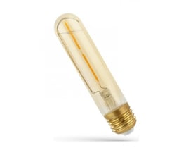 SpectrumLED T30 LED-pære med E27-fatning, gyldent glas og synlig kultråd i retrodesign, set skråt.