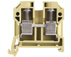 Nærbillede af Weidmüller SAK 10/35 PA gennemgangsklemme, der viser de to skrueterminaler og den interne metalforbinder.