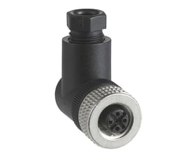 Vinklet 5-polet M12-hunstik fra Telemecanique Sensors, type XZCC12FCM50BJ, med sort hus og sølvfarvet tilslutningsring.