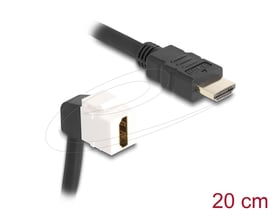 Delock HDMI-keystone-modul med 20 cm sort kabel, vinklet hanstik og hvidt hunstik set skråt forfra.