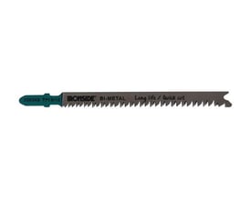 Ironside T234X-stiksavklinge med mørk klinge, turkis fæste og grove tænder, 117 mm lang.