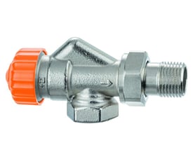 Detalje af IMI Eclipse F DN20 radiatorventil, viser den orange justeringsknop og den forniklede messing finish.