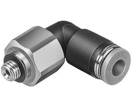 Festo vinkel-forskruning QSRL-M5-6 med M5 gevind og 360 graders rotation, fremstillet i metal og sort plast.