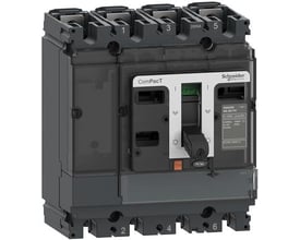 Schneider Electric ComPacT NSX200NA DC PV 4-polet lastadskiller, 200A, 1000VDC, vist frontalt med tydelig afbryderhåndtag og mærkat med tekniske specifikationer.