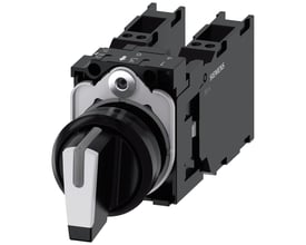 Siemens omskifter 22 mm, sort/hvid plastik med lysbar og 3 kontaktpositioner (I/O/II) og 2x1NO+1NC kontakter.