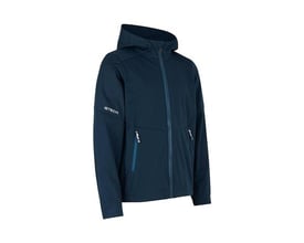 ID Identity navy softshell jakke i størrelse 8/10 med hætte og blå lynlås detaljer på hvid baggrund.