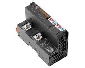 Weidmüller Buskobler UR20-FBC-PN-IRT-V2 med PROFINET IO, RT/IRT, 2xRJ45 og forskellige statusindikatorer.