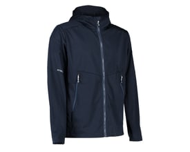 ID Identity letvægts softshelljakke 0836 i navy, str. S, set skråt forfra med hætte og lynlåslommer.