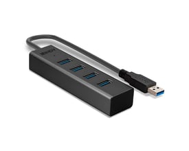 LINDY 4-port USB 3.0 Type A hub i sort med tilsluttet USB-A han-stik og fire hun-porte med blå indsatser.