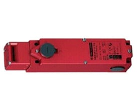 Schneider Electric sikkerhedsendestop med magnetlås i rød metal, 230V AC, 4NC kontakter og 3xM20 gevind på hvid baggrund.