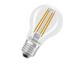 Detalje af Ledvance LED standard filament lyskilde, viser E27 sokkel og logo, med Ra97 og 806 lumen.