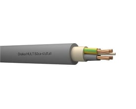 Gråt installationskabel fra Draka HULT med brandklasse B2ca-s1,d1,a1, med tre ledere med kobbertråde og farvekoderne grøn/gul, brun og grå.